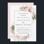Blush Pink Rose Rustic Floral Wedding Invitation<br><div class="desc">Soft blush pink roses decorate a thin gold frame. Delicate sage green leaves add to the watercolor floral arrangement. A pastel pink watercolor wash sweeps across the back. This pink floral wedding invitation is part of the Summer Romance collection. It contains many DIY wedding templates that let you easily create...</div>