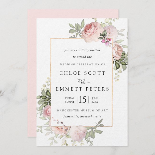 Blush Pink Rose Rustic Floral Wedding Invitation (Front/Back)