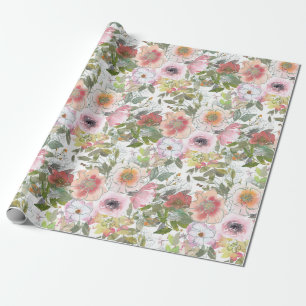 Blush Pink Rose Watercolor Floral Greenery Wrapping Paper