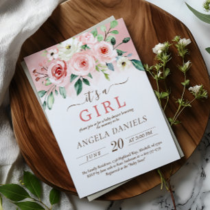 Blush Pink Rose Watercolor Girl Baby Shower Invitation