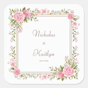 Blush Pink Rose Watercolor Gold Frame Wedding Square Sticker