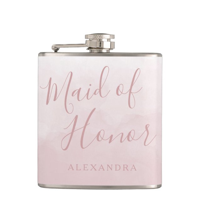 Blush Pink Rose Wedding Maid of Honour Gift Hip Flask (Front)