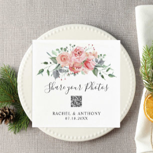 Blush Pink Rose Wedding QR Code Share Photos Napkin
