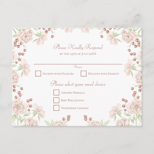 Blush Pink Rose Wedding RSVP Holiday Postcard (Front)