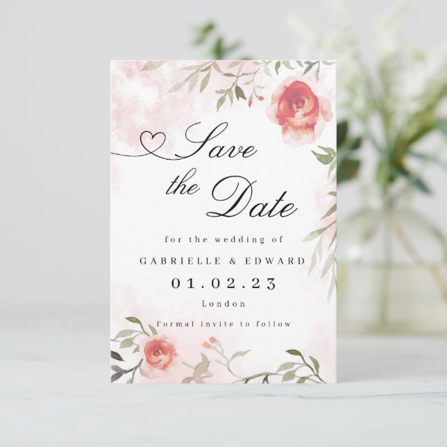 Blush Pink Rose Wedding Save the Date (Standing Front)