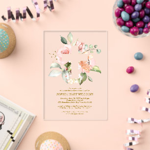Blush Pink Rose & White Cross Girl Baptism Acrylic Invitations