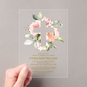 Blush Pink Rose & White Cross Girl Baptism Acrylic Invitations