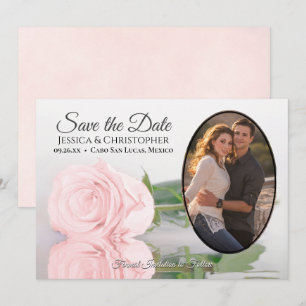 Blush Pink Rose with Oval Photo Romantic Wedding Save The Date