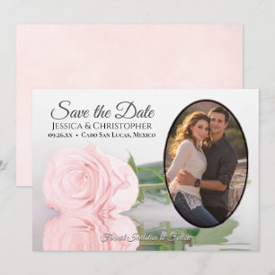 Blush Pink Rose with Oval Photo Romantic Wedding Save The Date