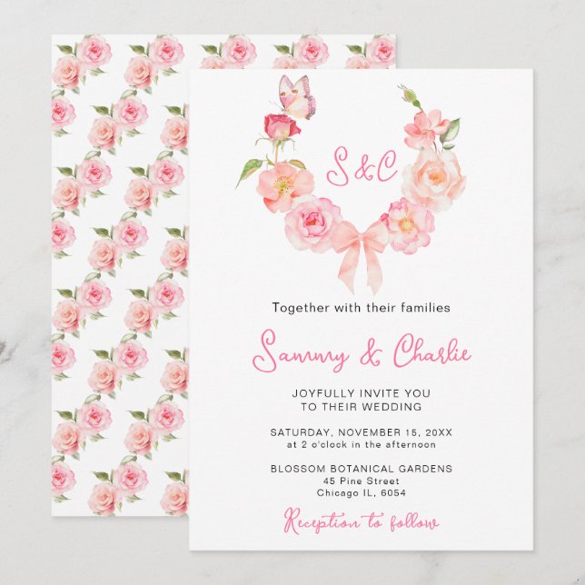 Blush Pink Rose Wreath Ribbon Wedding Invitation (Front/Back)