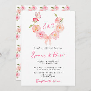 Blush Pink Rose Wreath Ribbon Wedding Invitation