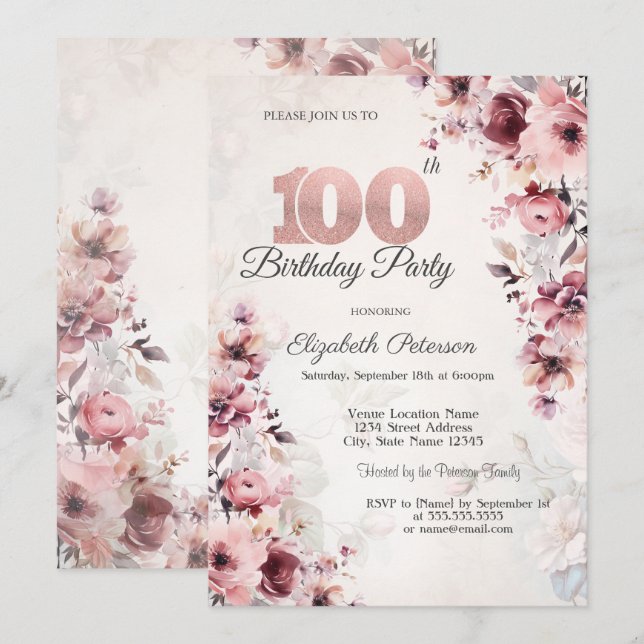 Blush Pink Roses 100th Birthday  Invitation (Front/Back)