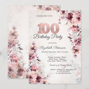 Blush Pink Roses 100th Birthday  Invitation