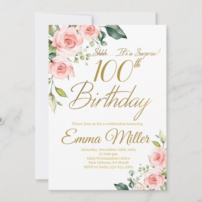 Blush Pink Roses 100th Birthday Party Invitation (Front)