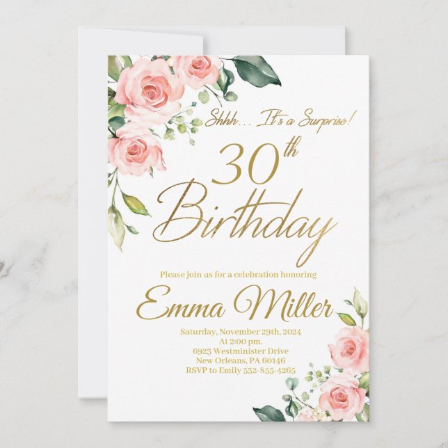 Blush Pink Roses 30th Birthday Party Invitation (Front)