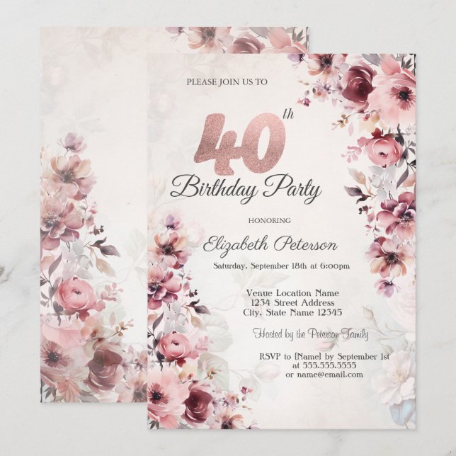 Blush Pink Roses 40th Birthday  Invitation (Front/Back)