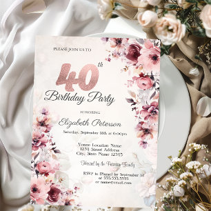 Blush Pink Roses 40th Birthday Invitation