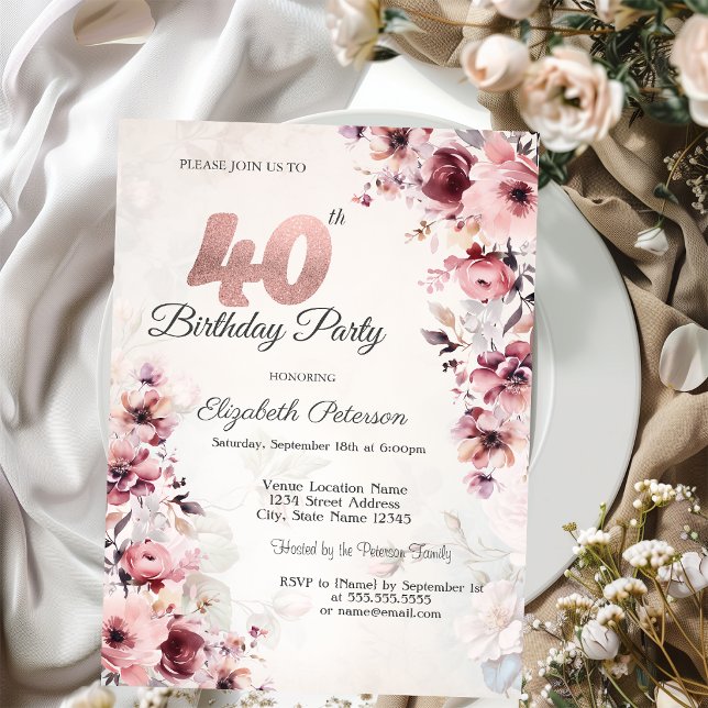 Blush Pink Roses 40th Birthday  Invitation (Creator Uploaded)