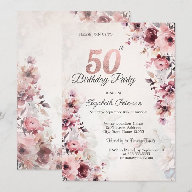 Blush Pink Roses 50th Birthday  Invitation (Front/Back)