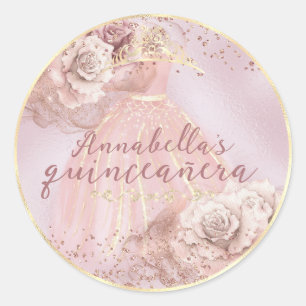 Blush Pink Roses and Gold Quinceañera Classic Round Sticker