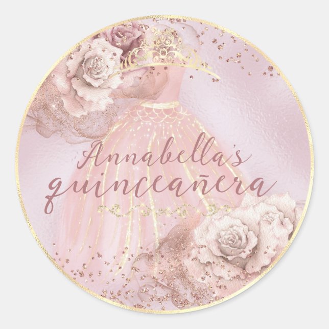 Blush Pink Roses and Gold Quinceañera Classic Round Sticker (Front)
