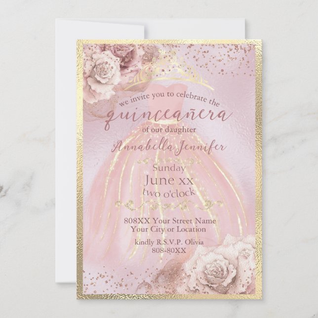 Blush Pink Roses and Gold Quinceañera Invitation (Front)