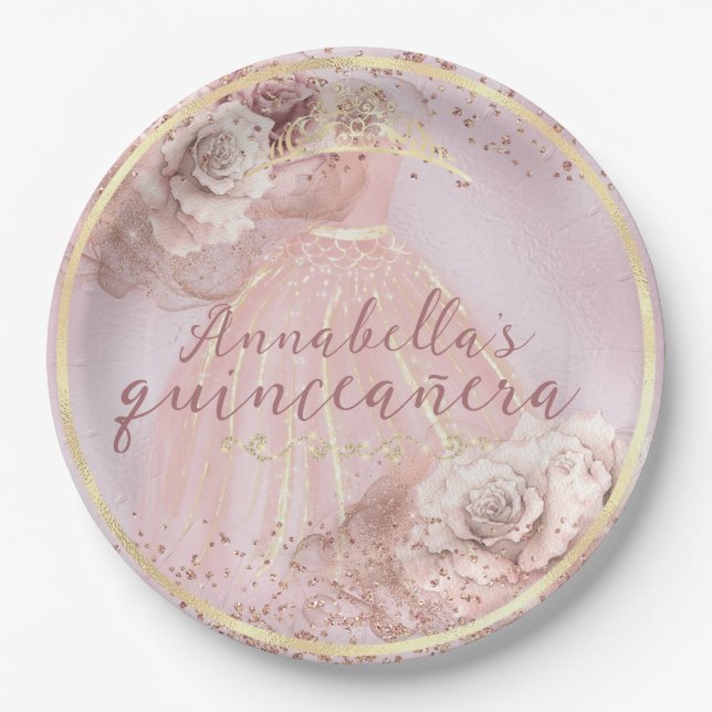 Blush Pink Roses and Gold Quinceañera Paper Plate (Front)