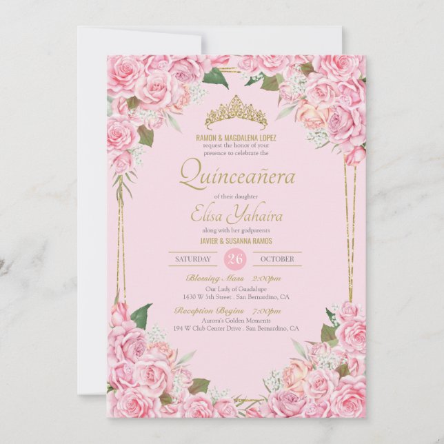 Blush Pink Roses and Gold Tiara Floral Quinceanera Invitation (Front)