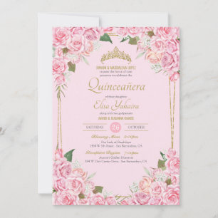 Blush Pink Roses and Gold Tiara Floral Quinceanera Invitation