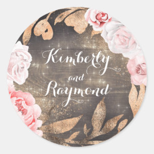 Blush Pink Roses and Peonies Rustic Gold Glitter Classic Round Sticker