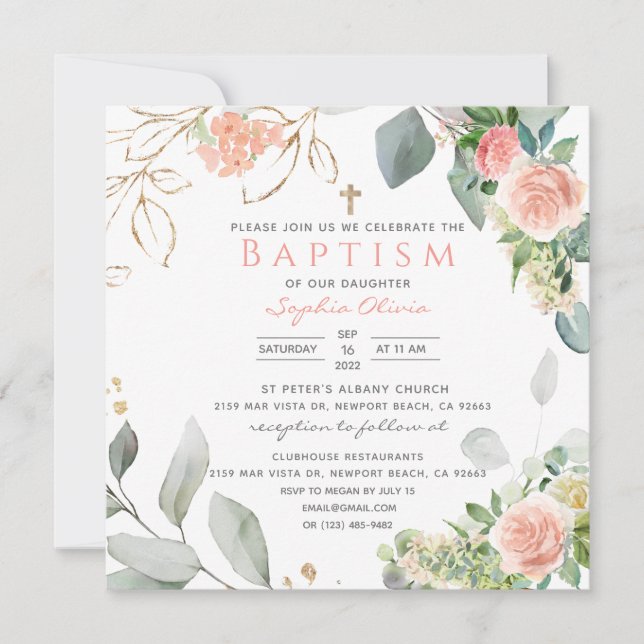 Blush Pink Roses Baptism Invitation (Front)