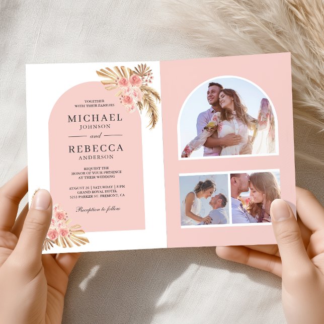 Blush Pink Roses Boho Pampas Arch QR Code Wedding Invitation (Creator Uploaded)