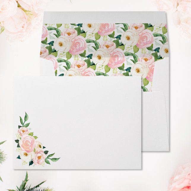 Blush Pink Roses Botanical Watercolor Wedding Envelope (Front & Inside View)