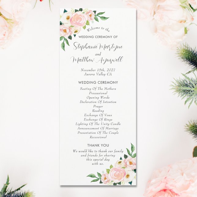 Blush Pink Roses Botanical Watercolor Wedding Programme (Front)