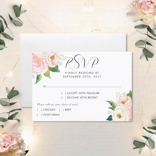 Blush Pink Roses Botanical Watercolor Wedding RSVP Card (Creator Uploaded)