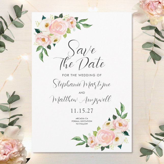 Blush Pink Roses Botanical Watercolor Wedding Save The Date (Creator Uploaded)