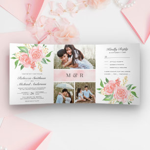 Blush Pink Roses Bouquet Photo Collage Wedding Tri-Fold Invitation