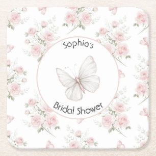 Blush Pink Roses Bows Bridal Shower Square Paper Coaster