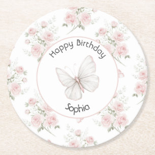Blush Pink Roses Bows Butterfly Birthday Round Paper Coaster