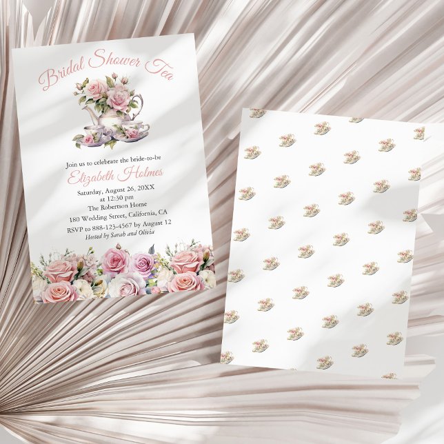 Blush Pink Roses Bridal Shower Tea Brunch  Invitation (Blush Pink Roses Bridal Shower Tea Brunch Invitation on a sunny white dry palm leaf.)