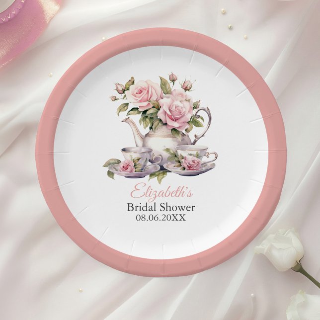 Blush Pink Roses Bridal Shower Tea Brunch Paper Plate (Blush Pink Roses Bridal Shower Tea Brunch Paper Plates on a table with a white rose.)