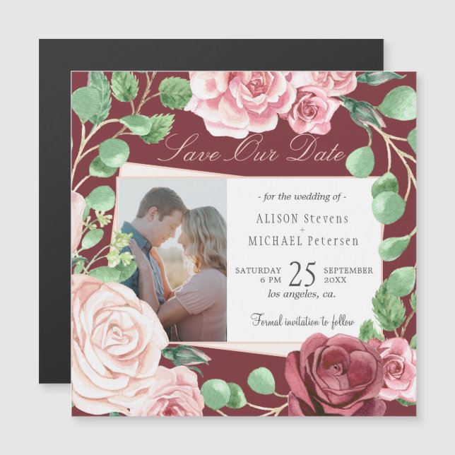 Blush pink roses burgundy wedding photo save date magnetic invitation (Front/Back)