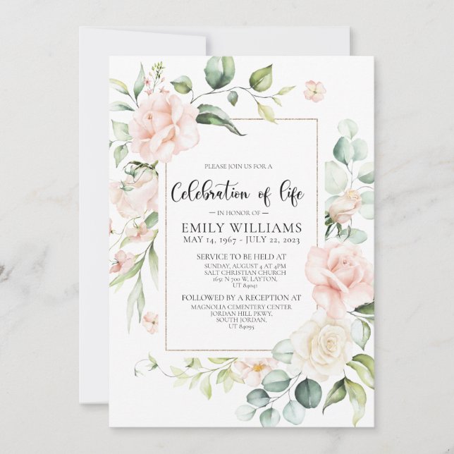 Blush Pink Roses Celebration of life Invitation (Front)