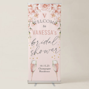 Blush pink roses champagne bridal shower welcome retractable banner