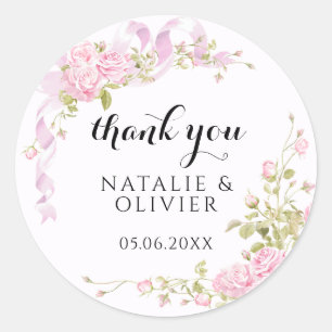 Blush Pink Roses Chic Wedding Thank You Classic Round Sticker