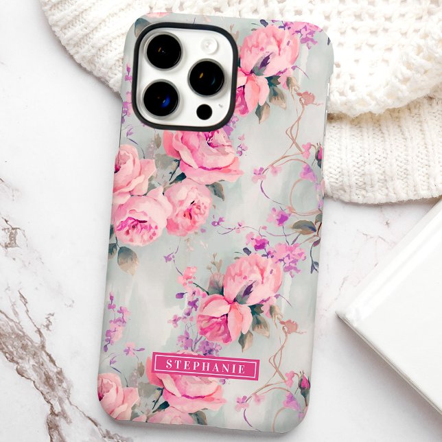 Blush Pink Roses Custom Name Floral Case-Mate iPhone Case (Creator Uploaded)
