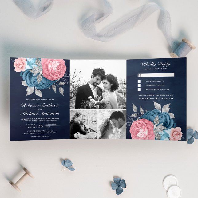 Blush Pink Roses Dusty Blue Floral Navy Wedding Tri-Fold Invitation (Creator Uploaded)