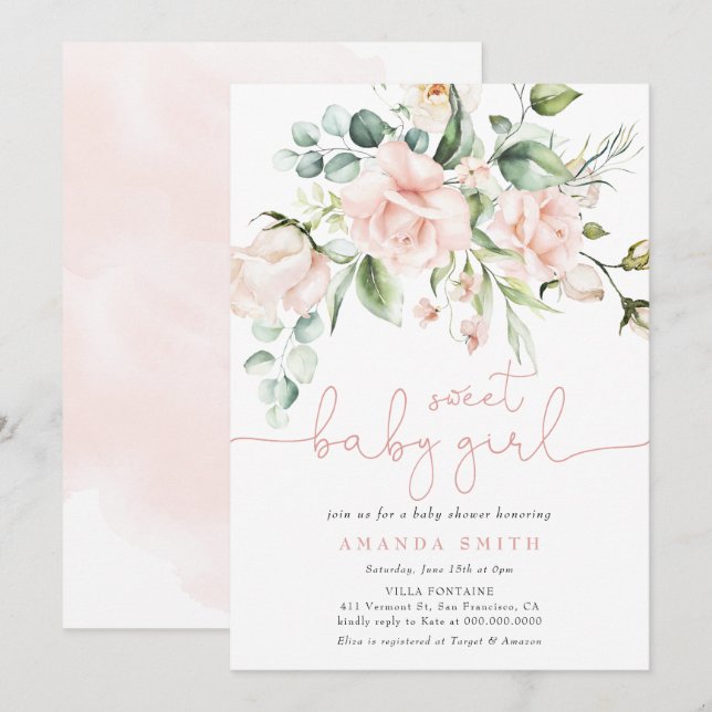 Blush Pink Roses Eucalyptus Girl Baby Shower  Invitation (Front/Back)