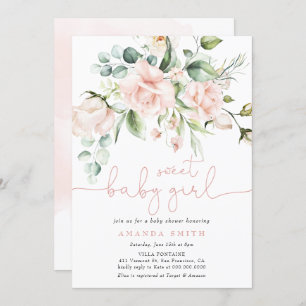 Blush Pink Roses Eucalyptus Girl Baby Shower  Invitation