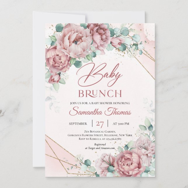Blush pink roses eucalyptus gold frame baby brunch invitation (Front)